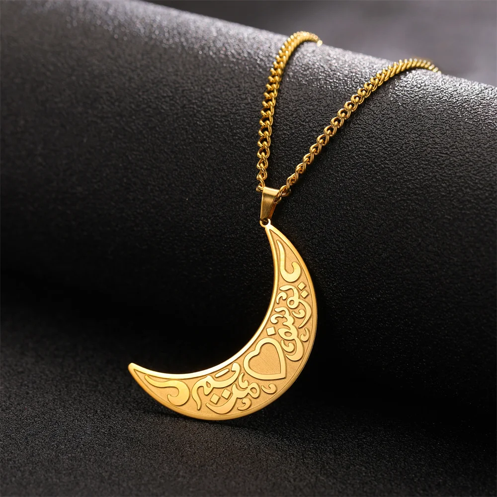 Collana con ciondolo a forma di runa della luna crescente del Corano in arabo islamico Eueavan, in acciaio inossidabile, con collane musulmane Allah, gioielli religiosi_voghion.com
