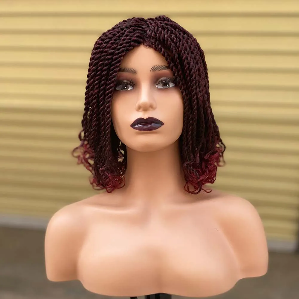 Ombre Red Color Crochet Kinky Twist Braided Wig Short Bob Box Braided Wigs  For Black Women African Synthetic Braiding Hair Wig