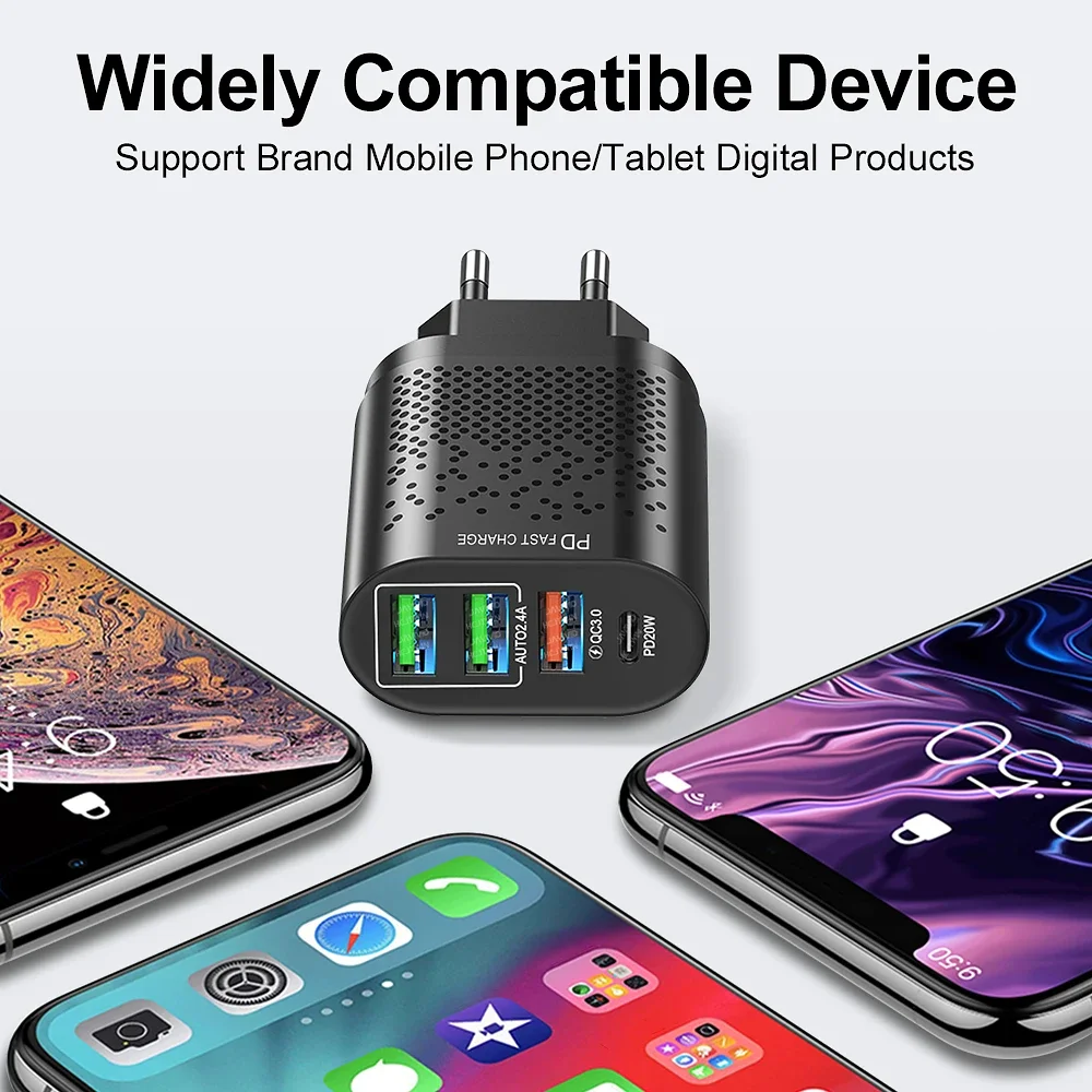 4 Port USB C Charger Travel Fast Charging Charger Tablet Laptop PD 20W Quick Charge 3.0 Wall Phone Adapter For iPhone 17 Xiaomi