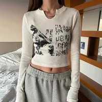 Long sleeve Cropped Top Grunge Clothes Vintage Letter T-shirt Aesthetic Clothes Korean Style Chic Slim Autumn y2k Top Streetwear - Image 3