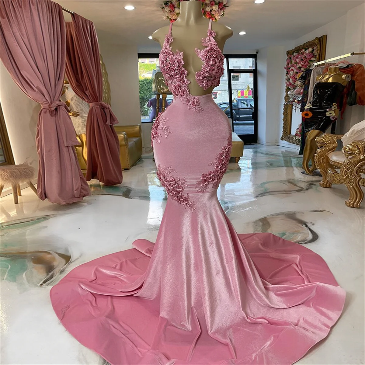Fashion Pink Mermaid Wedding Dress Sexy Openwork Suspender Flower Lace Party Gown Pull-Pleated Fishtail Corduroy Fabric