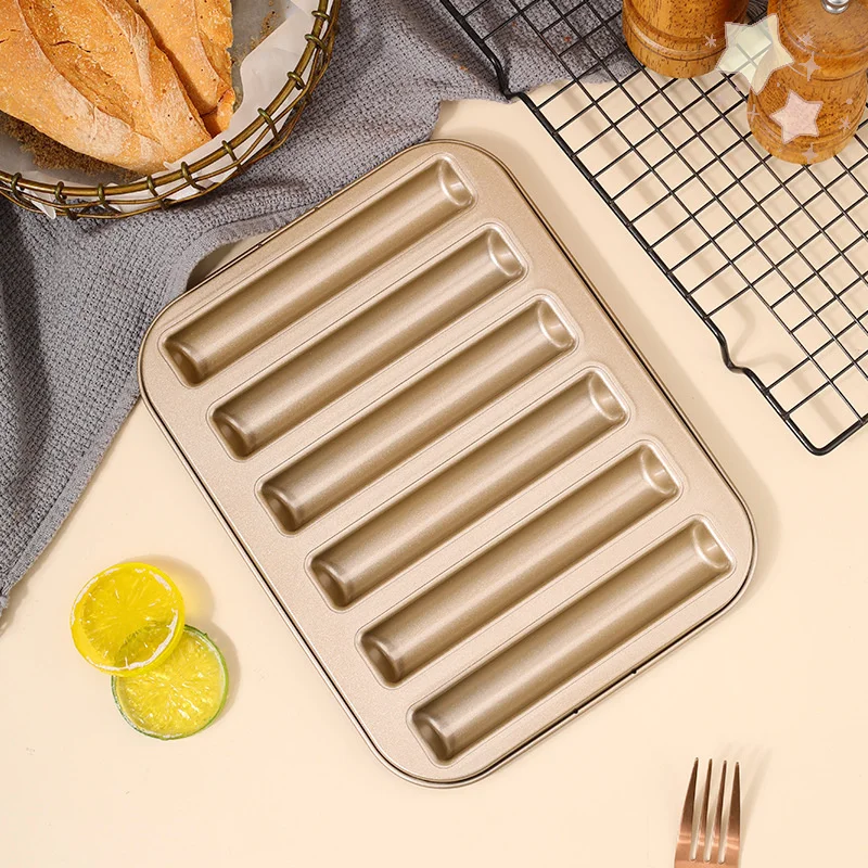 6-Cavities Biscuit Stick Mold Non-Stick Carbon Steel 3D Cylinder Muffin Long Strip Cake Mold Kitchen Baking Tools