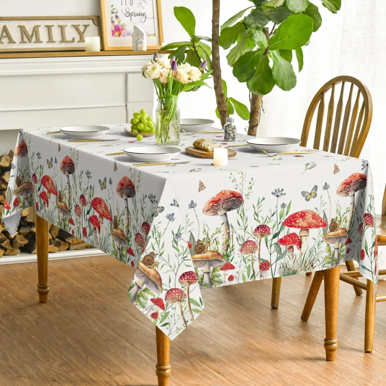 Spring Summer Mushroom Wild Flower Waterproof Tablecloth Party Decor Washable Rectangle Dining Tablecloth Wedding Decorations 3