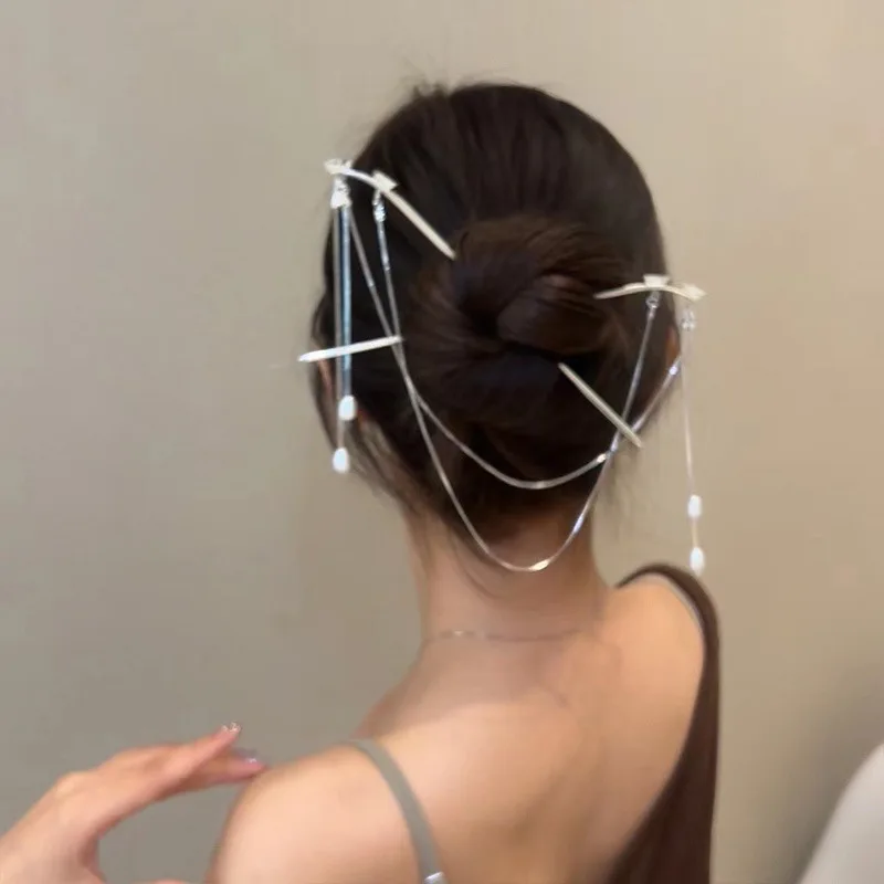 Fermaglio per capelli minimalista, creativo, alla moda e versatile, a doppio filo, con design a nappa, con un accessorio per capelli in stile cinese di alta gamma. - immagine 5