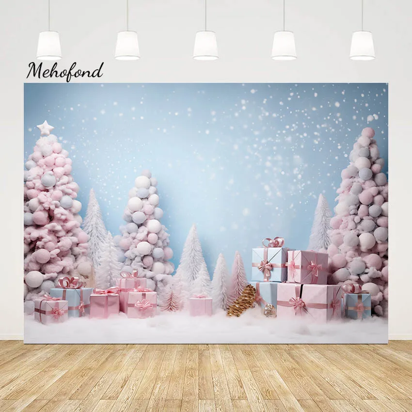 

Mehofond Pink Christmas Pine Tree Gift Backdrop Girl Portrait Photography Kids Photocall Snow Landscape Photo Background Prop