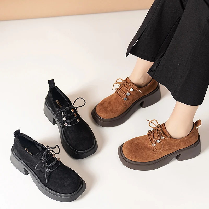 Aphixta 7.5cm High Heel Classic Women Casual Shoes Lace Up Women Footwear Brown Loafers Platform Shoes Woman Students Size 42
