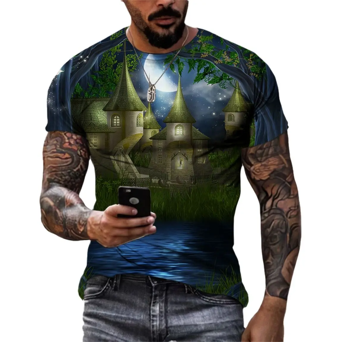 

New Tide Summer Fashion Fairy Tale Forest Picture T-shirts Casual Print Tees Hip Hop Personality Round Neck Short Sleeve Tops