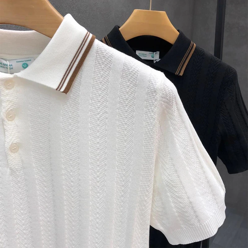 Fashionable Simple Striped Knit Polo Shirt Mens Summer Daily Leisure Breathable Knitted Tops Men Trendy Slim Short Sleeve Polos 12 Sfeda3e0061d04e04b31de3a92a30a2abU