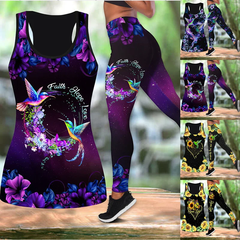 

Women Fashion Butterfly Bird 3D Print Two Pieces Set Sleeveless Shirt and Legging Summer Combo Tank Suit XS-8XL