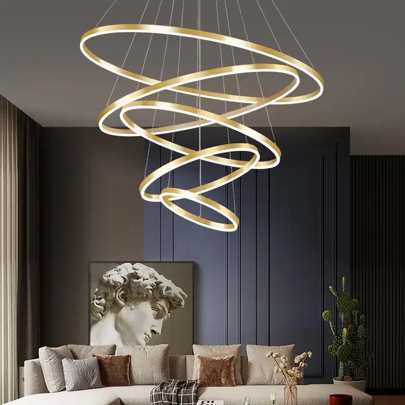 

Nordic Minimalism Modern Led Chandelier Villa Sitting Room Lights Wiredrawing Ring Interior Lighting Led Pendant Lamp