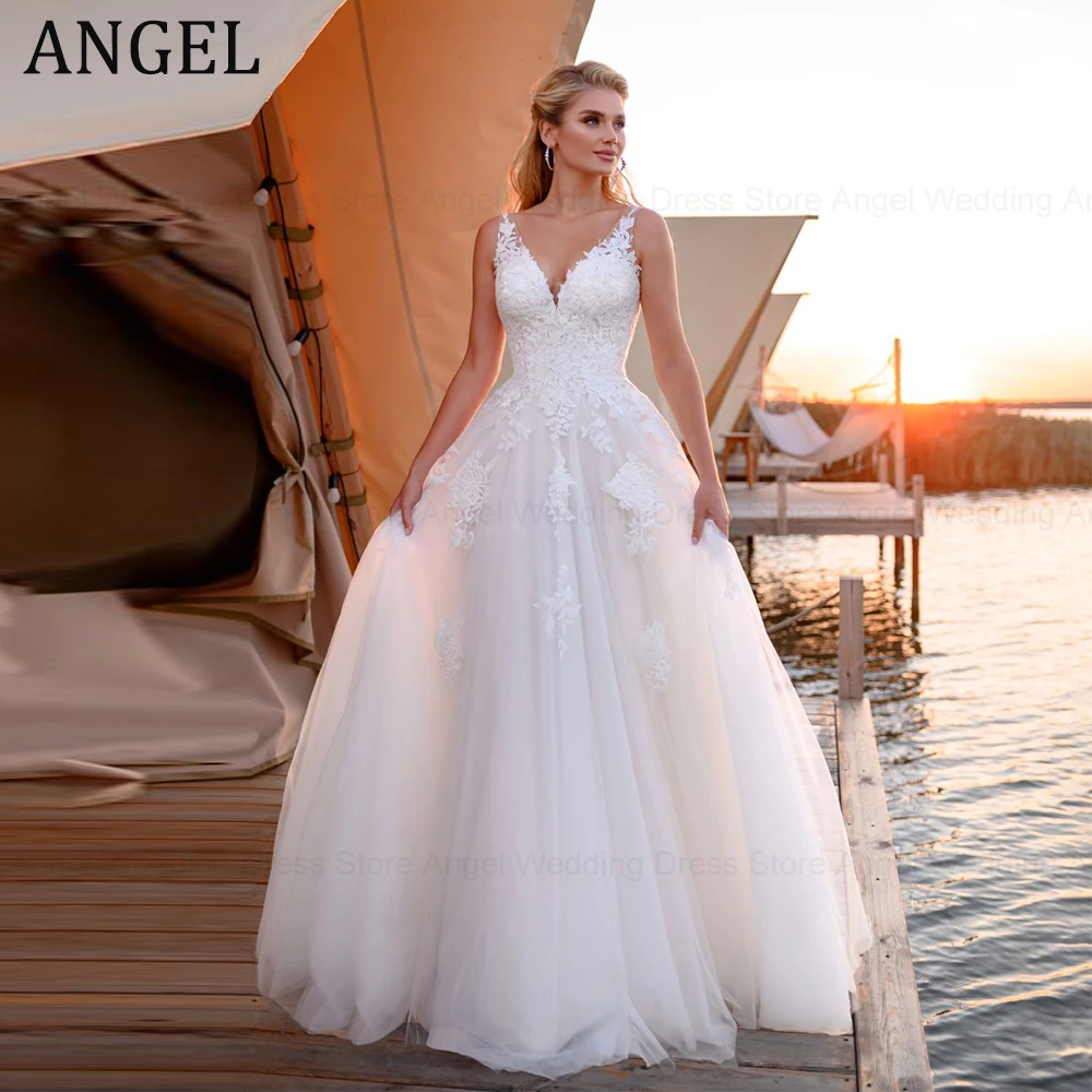 

ANGEL Classic Wedding Dresses Spaghetti Straps V-Neck Lace Up Backless Bride Gowns Applique A-Line Tulle Vestidos De Novia