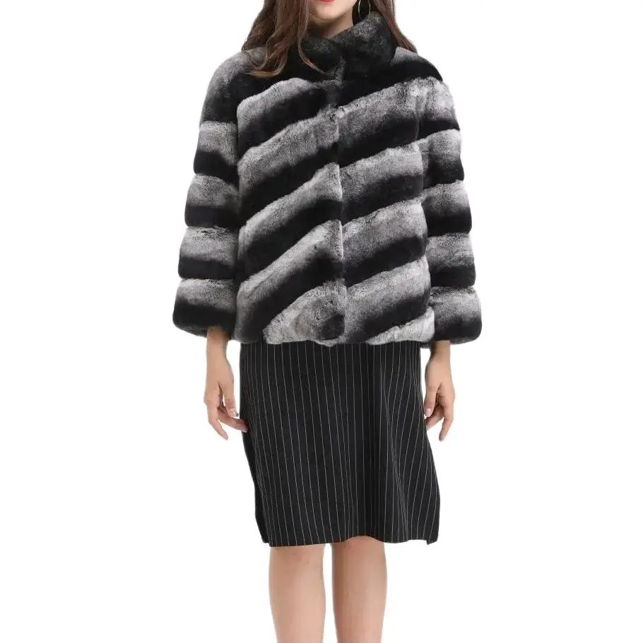 Contrasting colors striped rex rabbit fur lapel chinchilla coat  1907003