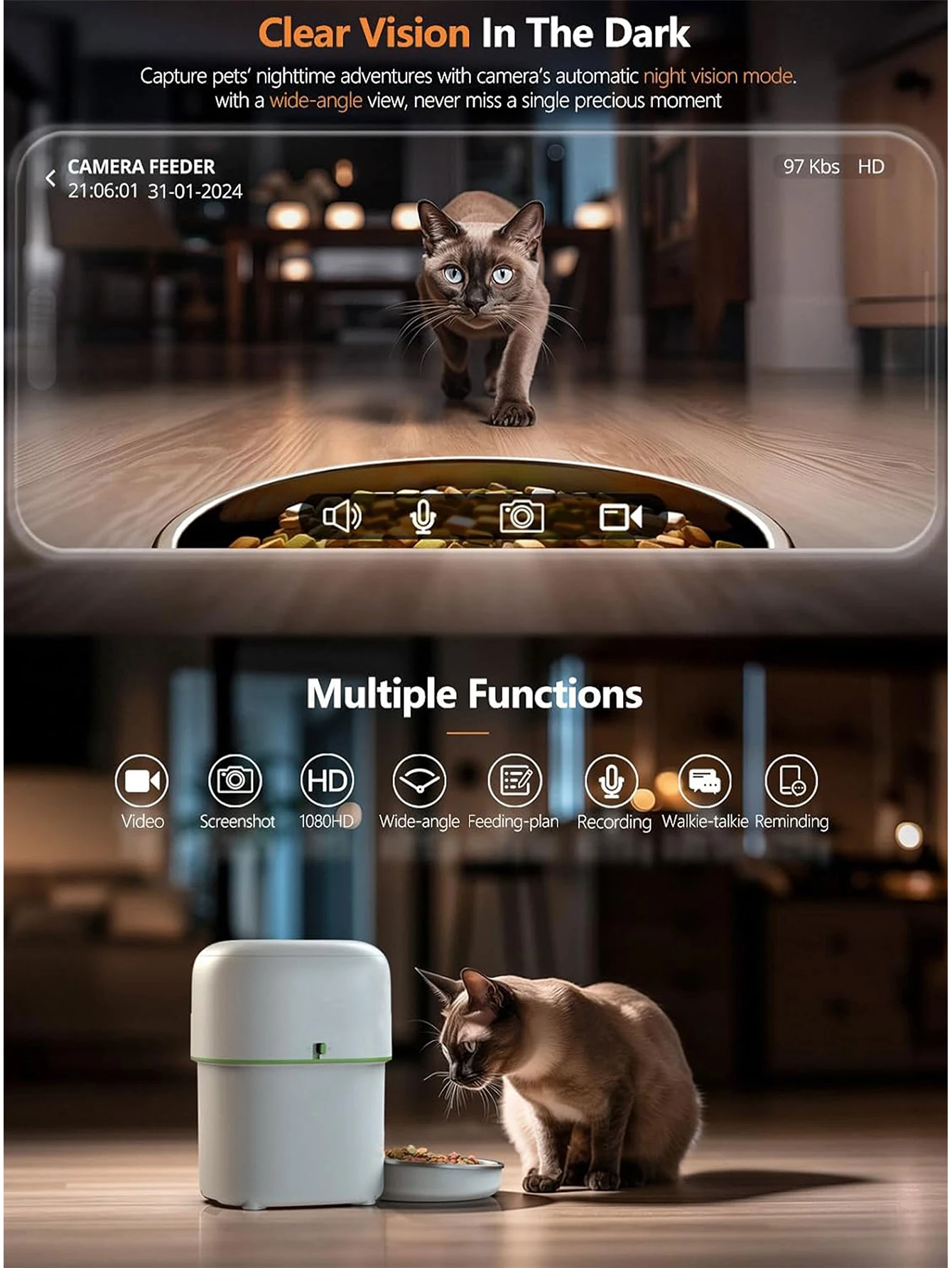 1080P HD Camera Automatic Cat Feeder with 5GWiFi Tuya Pet Cat Smart Food Kibble Dispenser Auto Feeder For Cats Dog Accessories 6