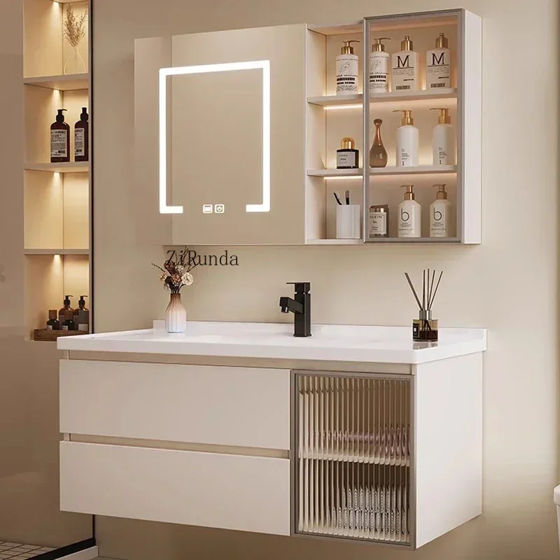 Nordic Luxury Cream Style Smart Bathroom Cabinets Wall-mounted Storage Fog Removal Vanity Combo Fashion Simple Furniture FYBC