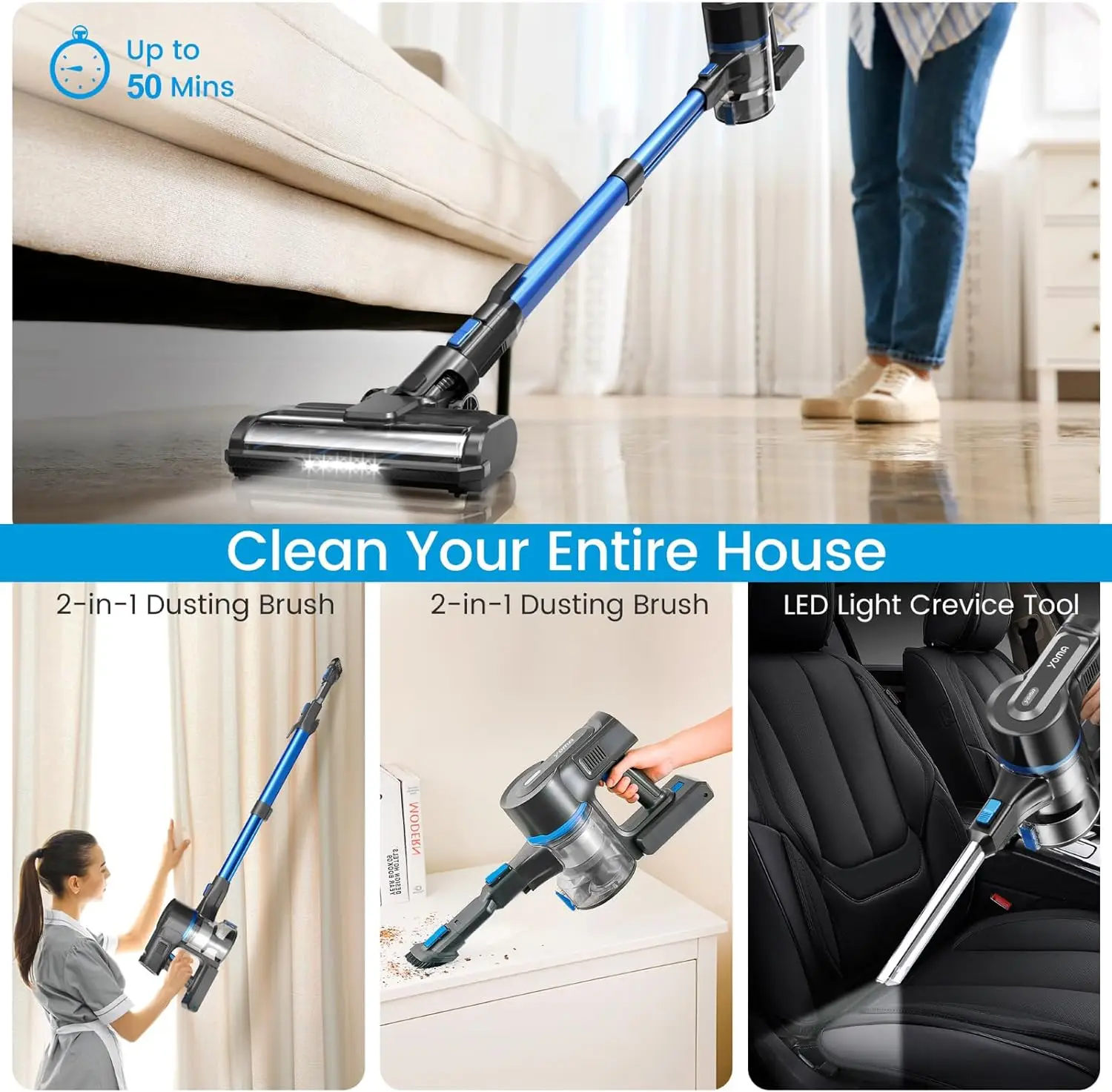 Yoma S100 30KPa 350W Stick Cordless Vacuum Cleaner, up to 50mins Runtime, 9-in-1 Stick Vac for Hardwood Floor Pet Hair Home Car 4