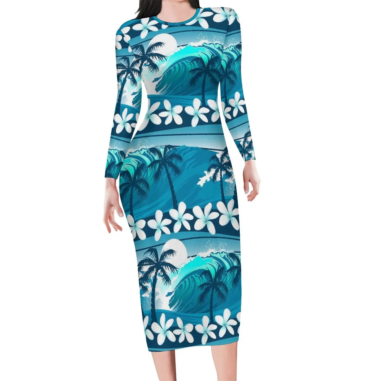 

Женское облегающее платье с длинным рукавом, осеннее платье в стиле модерн с тропическими волнами для серфинга, корейский стиль, большие размеры