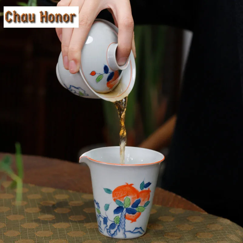 180ml Hand Painted Pomegranate Ceramic Justice Cup Handmade Tea Maker Cup Tea Pitcher Dispenser Kung Fu Tea Cha Hai Tea Ceremony