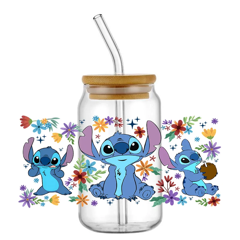 스티치 만화 캐릭터, 16OZ UV DTF 컵 랩 전송 스티커, 맞춤형 라벨, DIY 내구성 방수 로고, 리비캔용 