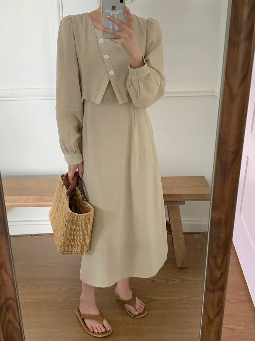 Sommer neue einfarbige schlanke Frauen Kleid süße Damen Frau Freizeit kleid lose Retro gefälschte zweiteilige lang ärmel ige Kleid weiblich – Detail 9