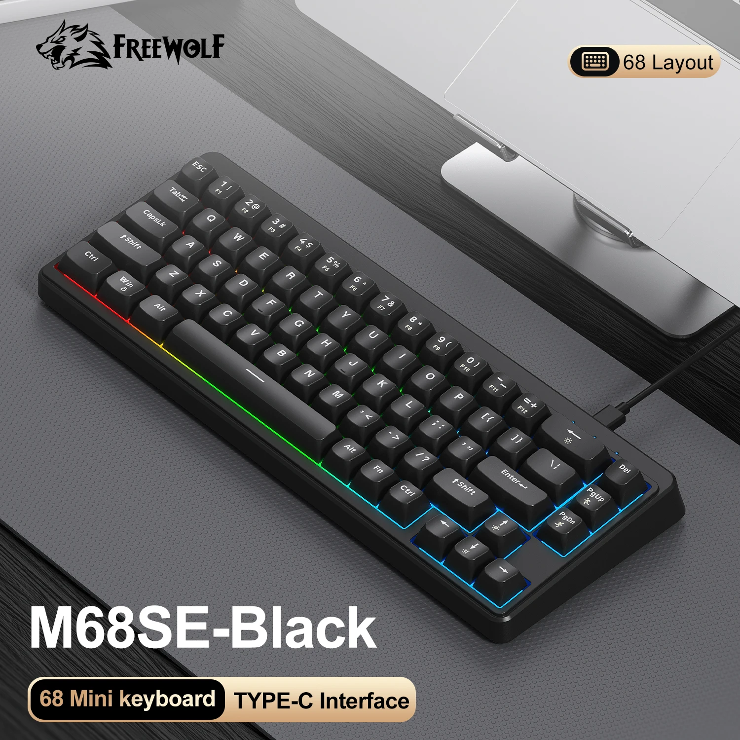 FREEWOLF M68SE 68 key wired mini keyboard, designed ergonomically