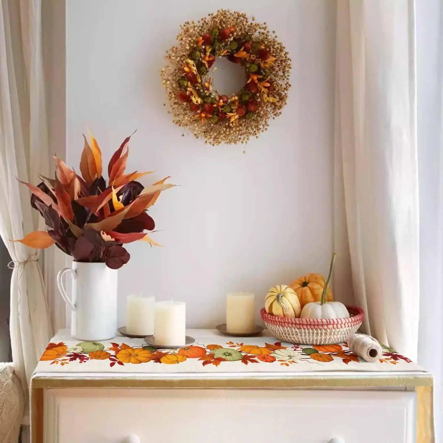Description Picture 3 of itemThanksgiving Pumpkins Maple Leaves Linen Table Runner Dresser Scarves Farmhouse Kitchen Dining Table Runner Party Decorations