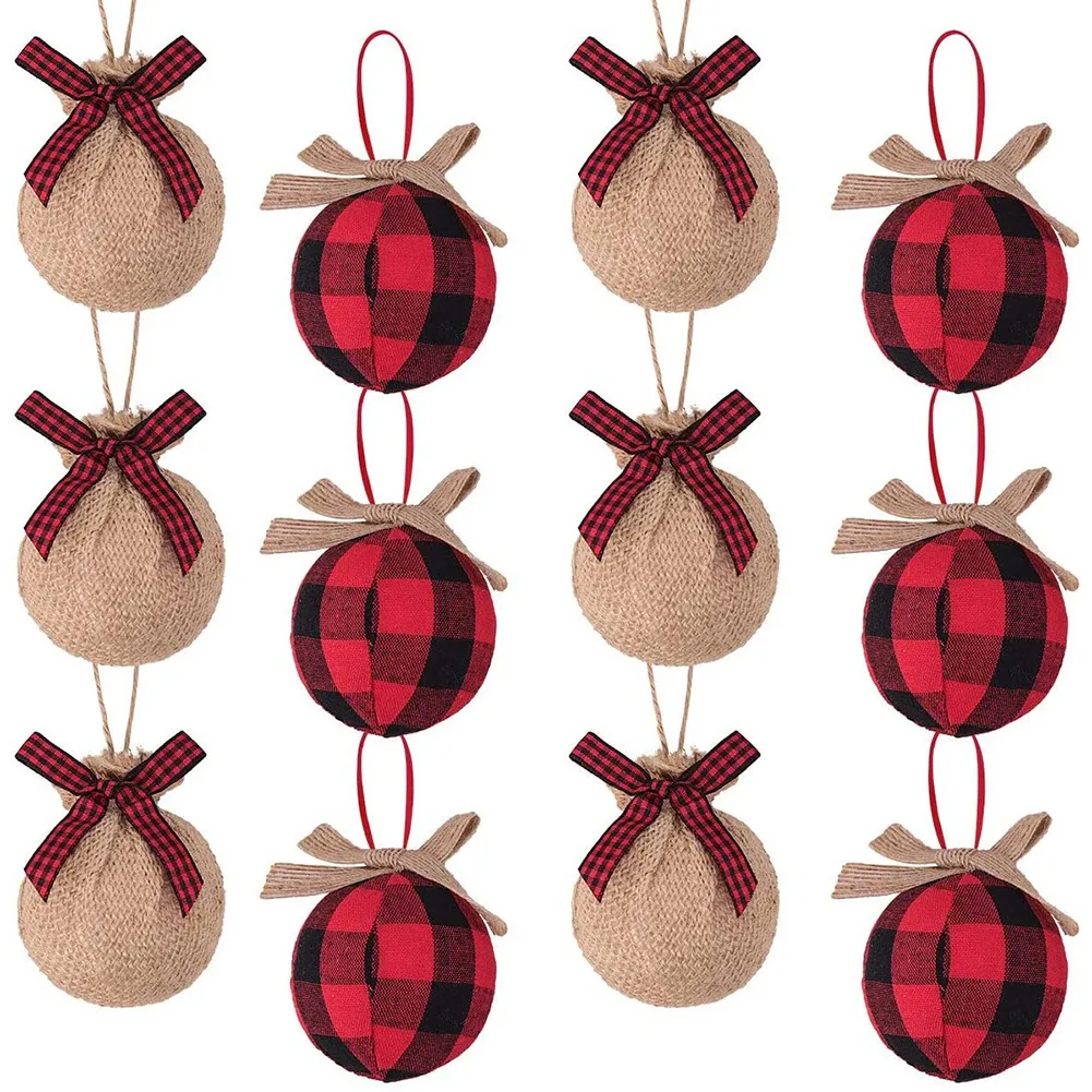 

Christmas Tree Ornaments, 12 Pcs 2-1/2 Inches Red Black Buffalo Check Plaid Stitching Burlap Christmas Decorations