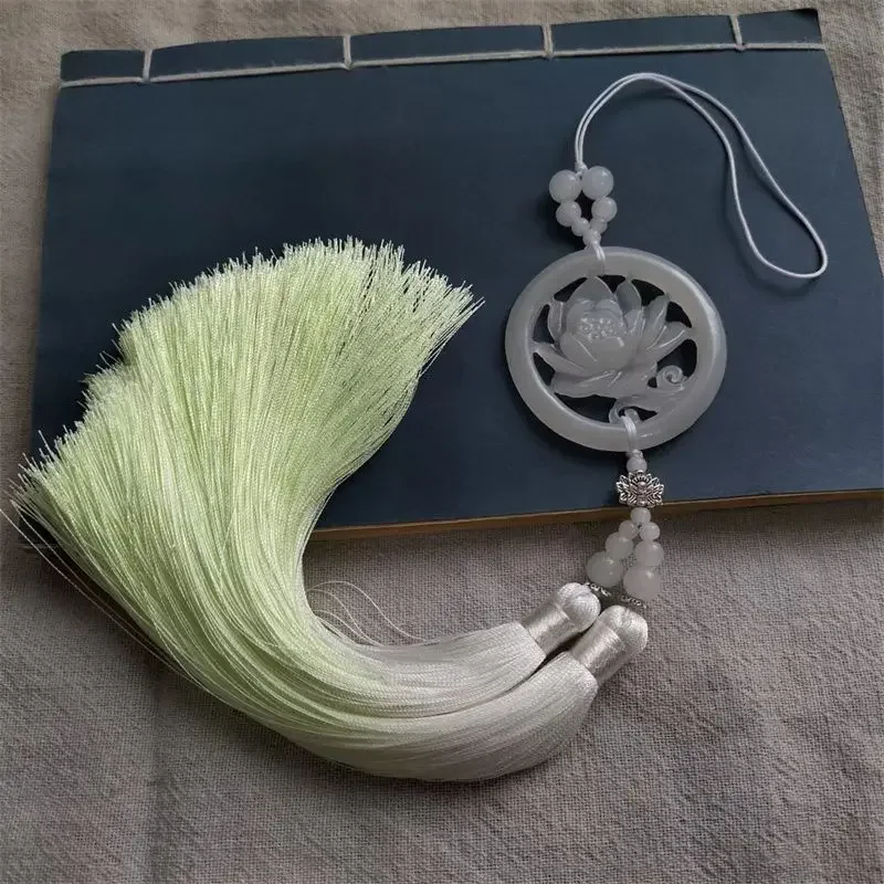 Tassel Handmade White Jade Hollow Lotus Jade Pendant Key Tassels Fringe Antiquity Keychain Hanfu Pendant Quality Accessorie Gift jade keychain