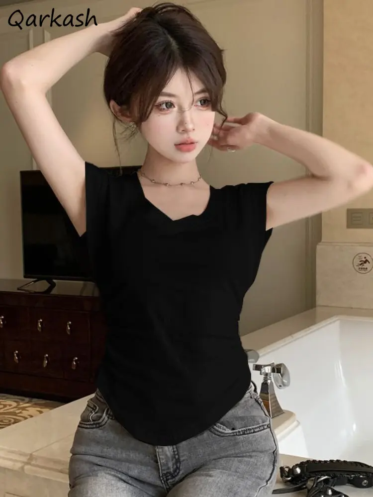 

Short Sleeve T-shirts Women Slim Casual Shirring Tops Hotsweet Simple Fashion Summer Korean Style Clothes Basic Teens All-match