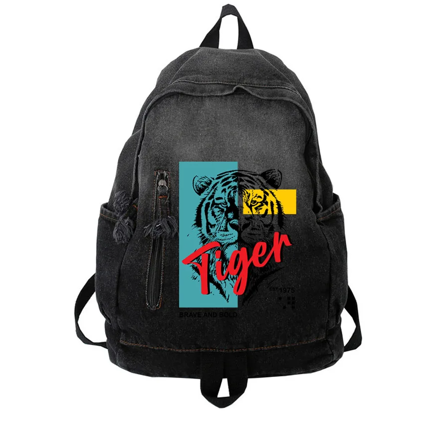 

New Denim Bags Women Men Hip Hop Style Tiger Head Pattern Printed Backpacks Y2k Student Schoolbag Luxury Commuter Rucksack