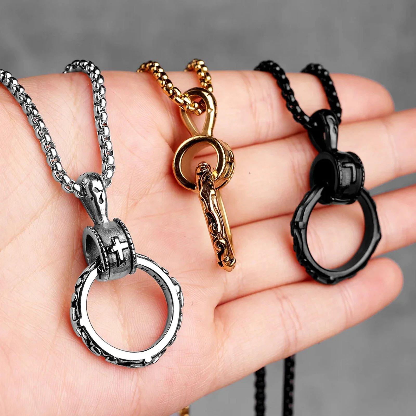 Cross Ring Mens Necklaces Pendants Chain Hip Hop for Boy Male Stainless Steel Jewelry Creativity Gift Wholesale