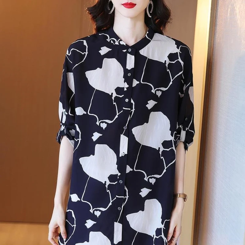2024 Summer New Loose Large Size Printed Shirt Women's 3/4 Sleeves Covering Hips and Belly Middle Length Fashion Casual High End