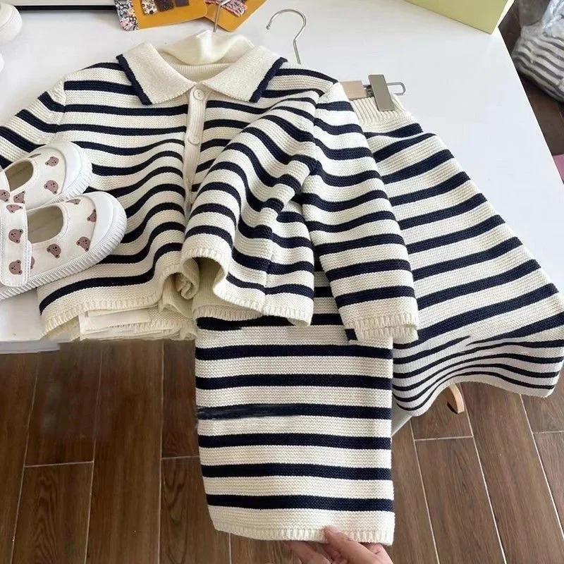 Black and white striped knitted suit