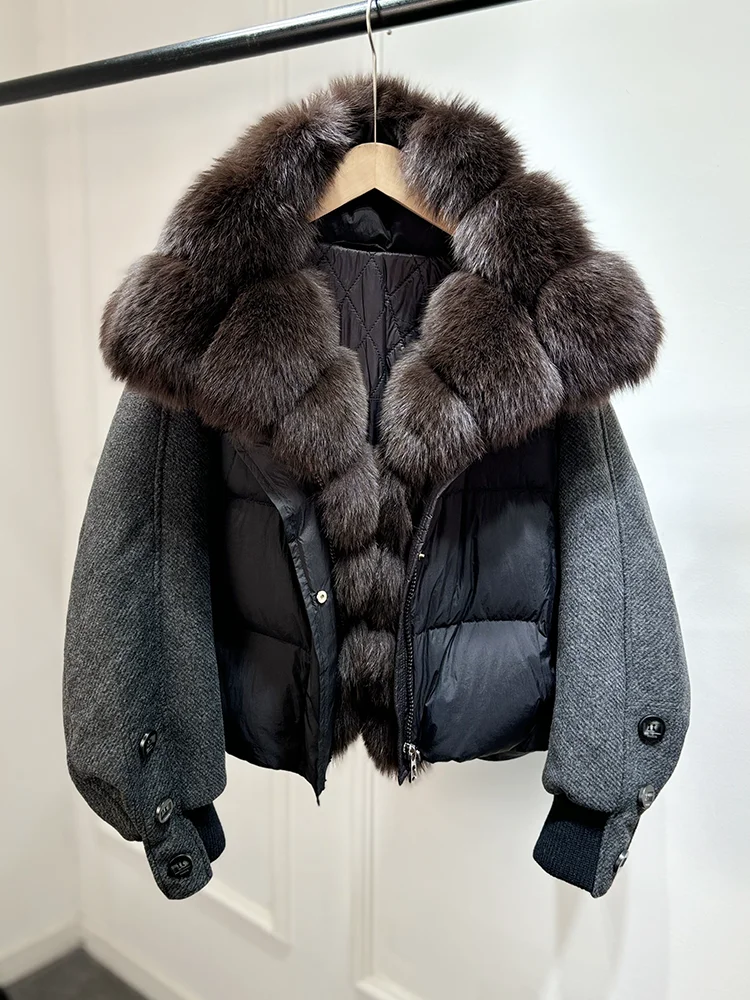 Lagabogy 2026 Natural Real Fur Collar Down Coat Women Thick Puffer Jacket Autumn Winter Loose Patchwork Sleeves Female Parkas