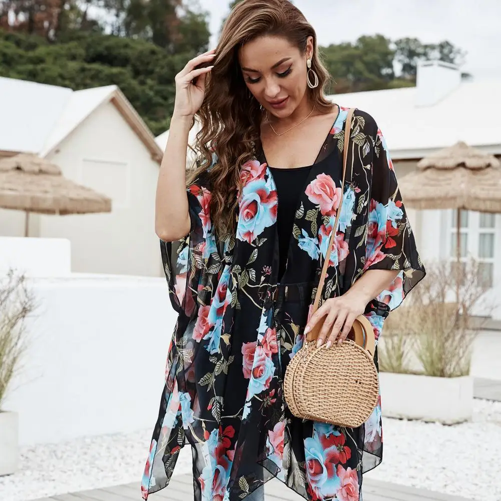 

Quick Dry Bikini Cover-up Flower Print Tassel Beach Cover-up Poncho Cardigan for Women Sunscreen Swimsuit Shawl with Quick Dry