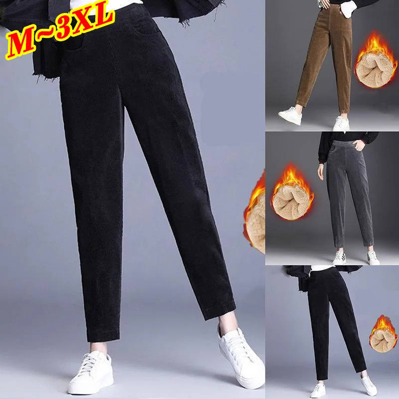 Winter Women's Thickened Warm Plush Corduroy Pants Casual Solid Color High Waist Pants Women's Warm Wool Pants