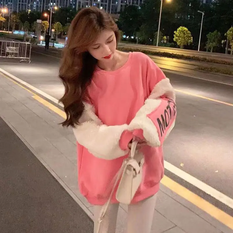 Hoodies Pullover Trend Personalized Contrast Color Korean Student Casual Loose Oversize Women'S Sweater