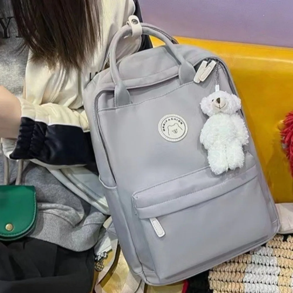 Solid Large Capacity Student Backpack Zipper Multi-Pocket Academy Girl's School Bag Spacious Nylon Plush Pendant Teens Rucksack 3