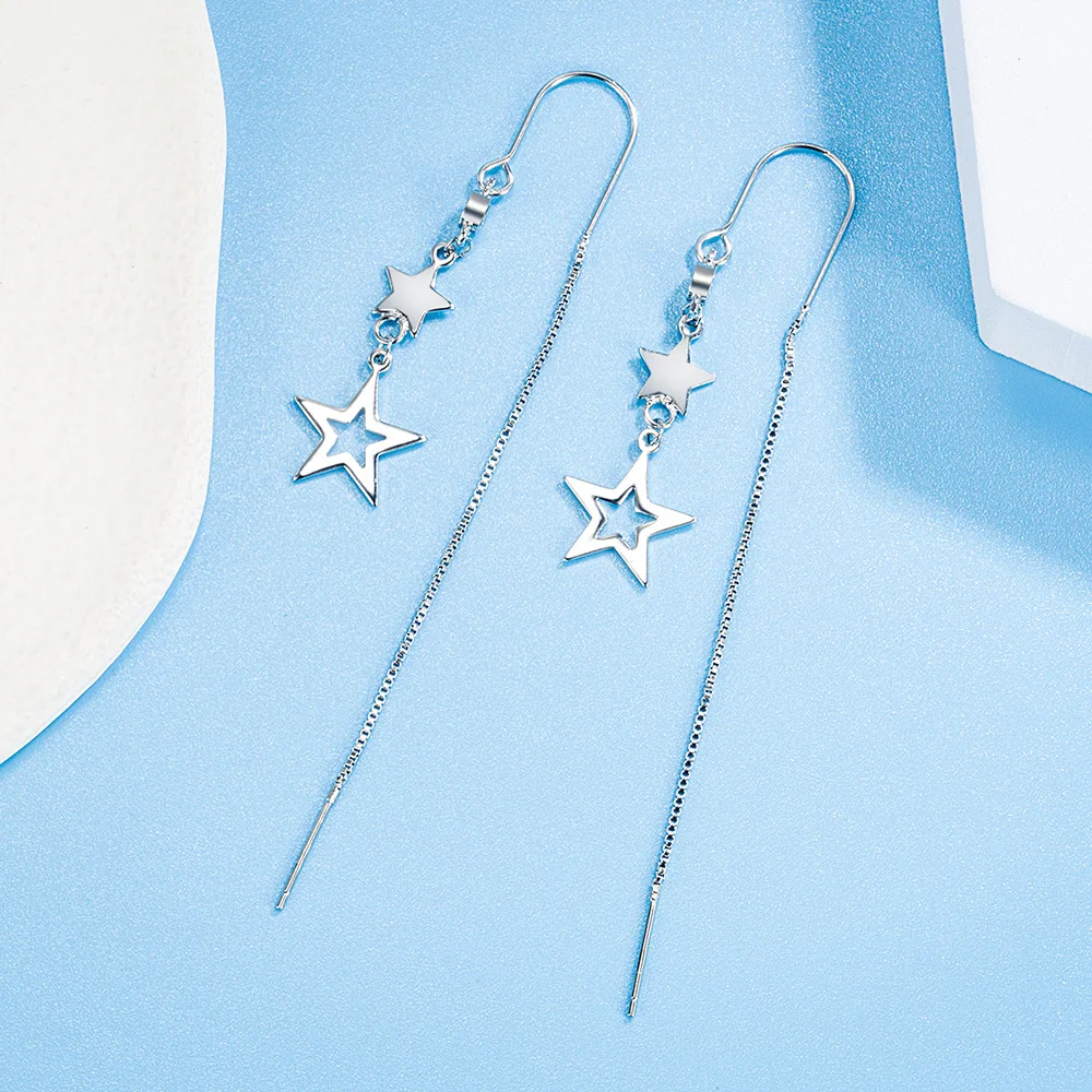 925 Sterling Silver Star Pendant Necklace Crystal Long Chain Drop Earrings Jewelry Sets Jewelry Set Silver Jewelry Silver Jewelry Set Crystal Jewelry Set For Women Trendy FQL23064