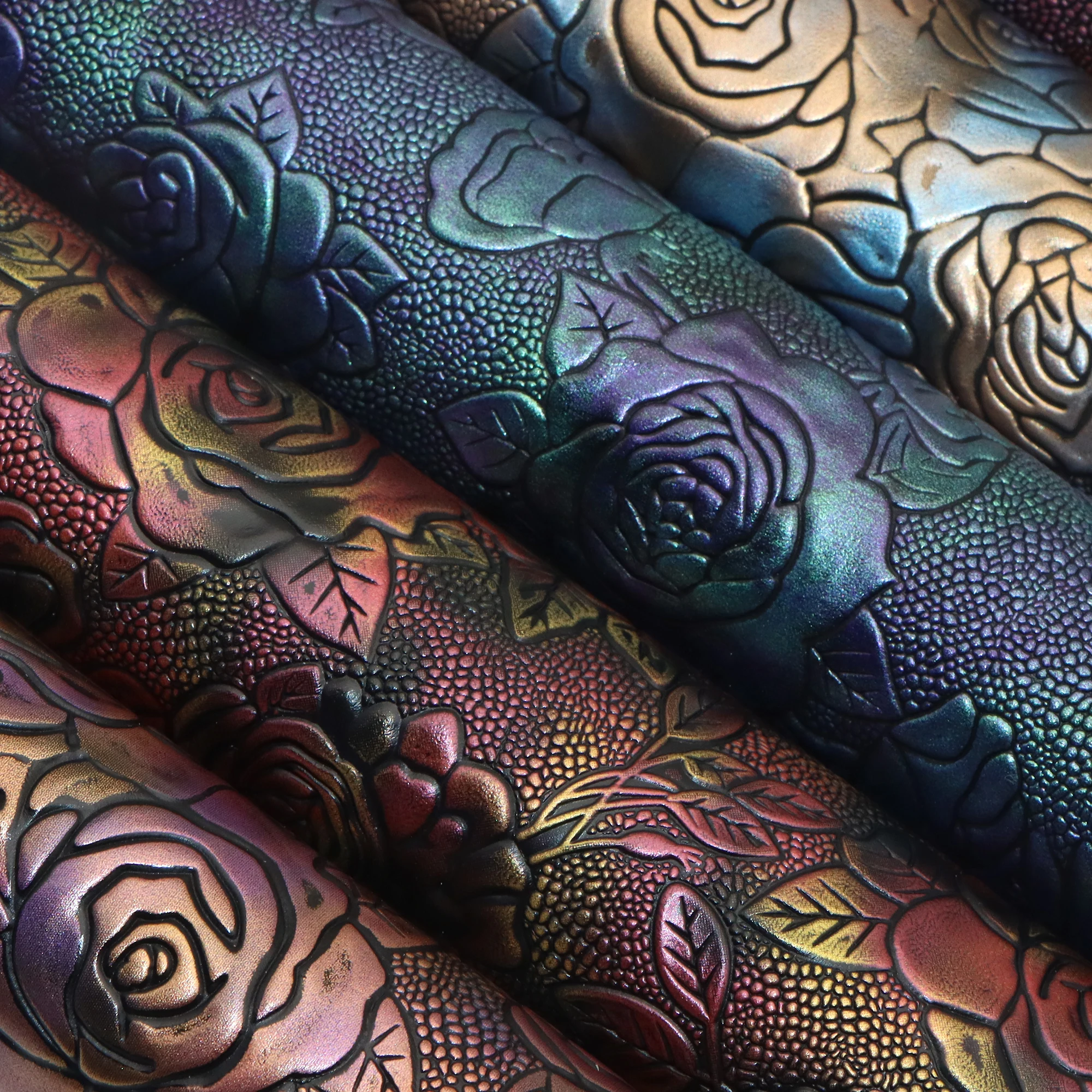 1Pc 20x33cm Bump Textured Faux Leather Sheets Blossom Rose Flowers Synthetic Leather Fabric Gradient Metallic Color for DIY