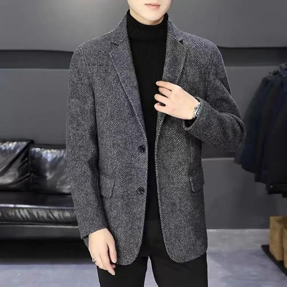 Men Suit Coat Lapel Long Sleeve Two Buttons Business Jacket Slim Fit Solid Color Autumn Winter Woolen Outerwear