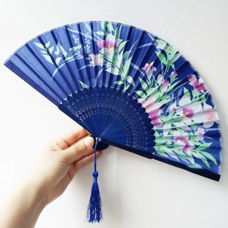 Chinese Engraved Folding Hand Fan Wooden Shank Classical Dance Tassel Fan Wedding Birthday Party Favor Decor Gifts For Guest folding fan wooden hand fan