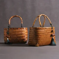 Retro Premium Woven Bag Tableware Storage Bundle Mouth Lining Style Handheld Basket Bamboo Women Bento Handle Organizer Pouch 1