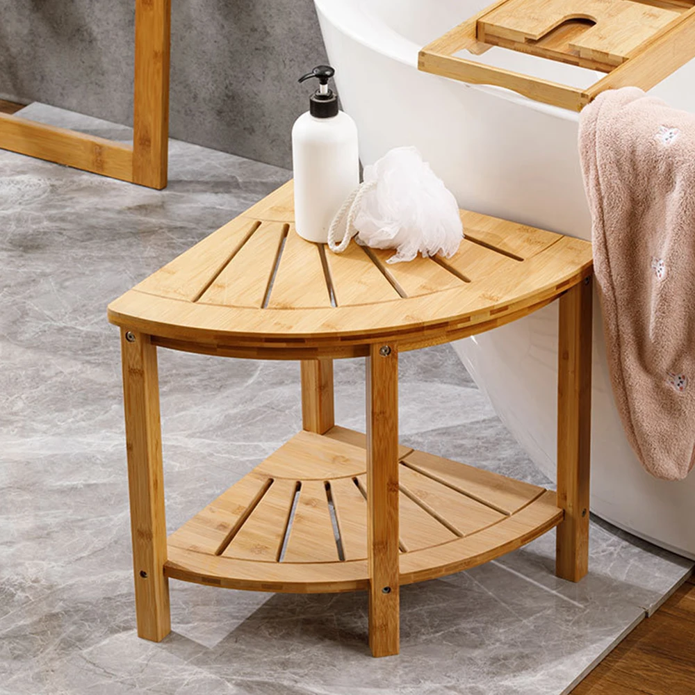 Corner Shower Stool with Storage Rack Anti-slip Natural Bamboo Shower Bench Multifunctional Shower Caddy Bathroom Organizer