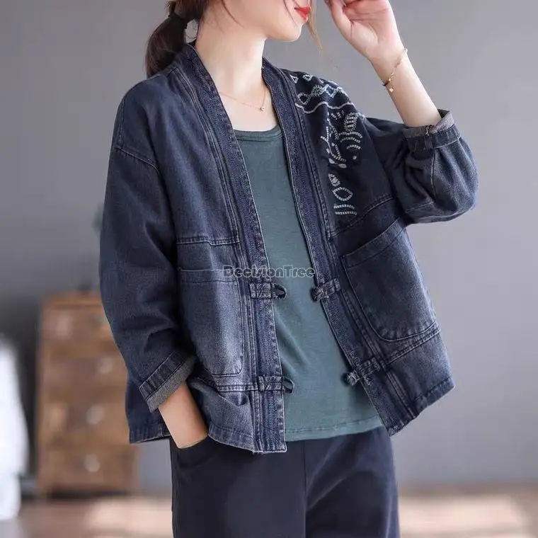 

2023 chinese vintage embroidered denim short coat women fall new loose cardigan disc button long sleeve chinese top coat g987