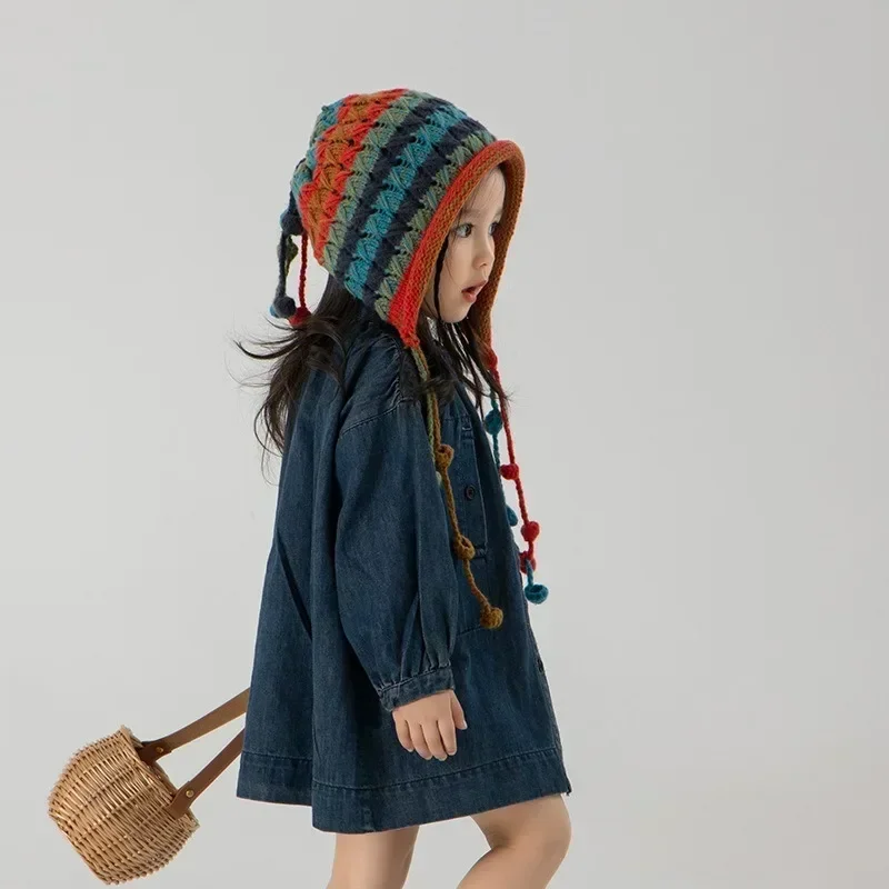 Vintage Flower Kids Hat Autumn Winter Openwork Flower Beanie Girl Hand Knitted Fringe Strap Ear Protection Princess Hat 5