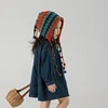Vintage Flower Kids Hat Autumn Winter Openwork Flower Beanie Girl Hand Knitted Fringe Strap Ear Protection Princess Hat 5