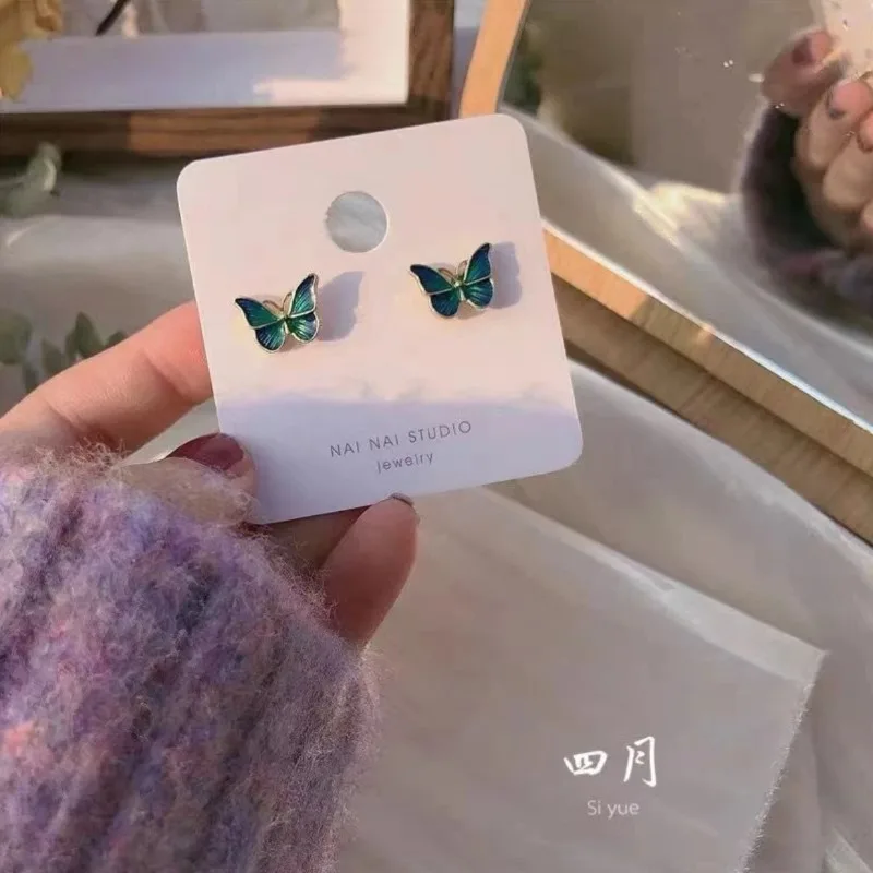 

Super Fairy Green Butterfly Stud Earrings S925 Sterling Silver Pinsen Earrings Women's Vintage Stud Jewelry decoration