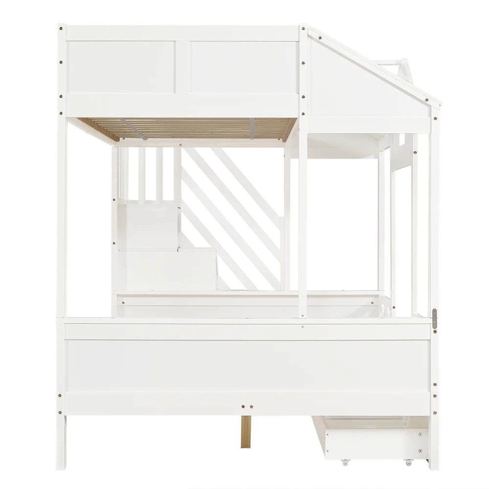 90 x 200 cm und 140 x 200 cm großes Etagenbett, zwei Schubladen mit Rollen, Bett mit Fenster und Dach, Treppenschrank mit 4 Ablagefächern – Detail 20