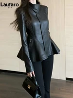 Vestes en cuir PU souple rétro noir pour femmes Lautaro, printemps-automne, col montant zippé, vêtements élégants de luxe de créateur 5