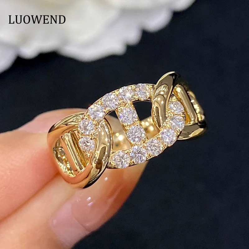 LUOWEND 18K Yellow Gold Rings Luxury Real Natural Diamond Rings Vintage Wide Half Style Shiny Design Wedding Jewelry for Women